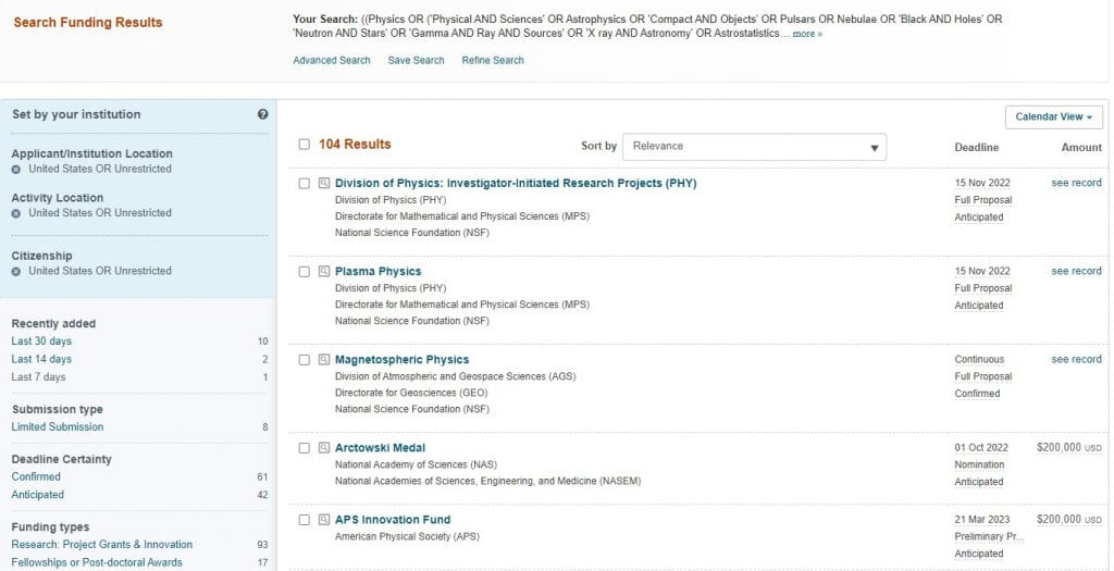 Screen capture of the results page for the example search. To the left of the image is a sidebar showing additional filters that can be selected. To the right of the page is a list of opportunities, each of which includes a title, funder information, deadline, and funder amount. Above the list is a drop down menu titled ‘Sort by’ with ‘Relevance’ selected. 