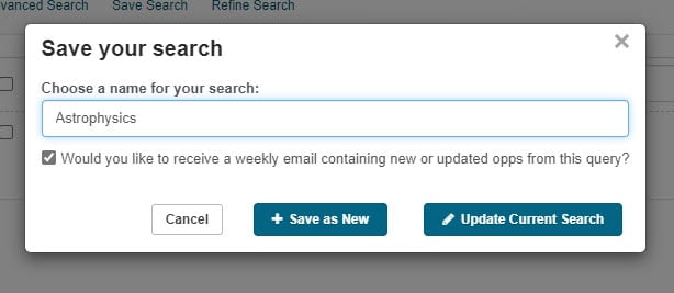 Screen capture of a pop-up window over the results page. The window prompts the user to save their search as new or to update their current search.